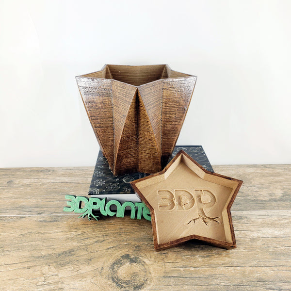 3D Printed Wood Geometric Star Plant Pot and Saucer - Modern Organic Decor for Cacti, Succulents, or Flowers - Unique Gift Idea