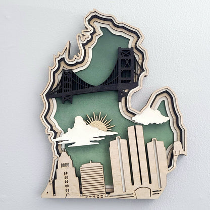 Michigan Layered Laser Cut Wall Art - 3D Wooden State Map, Great Lakes Home Decor - Green Theme