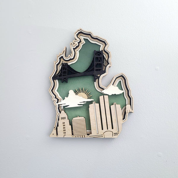 Michigan Layered Laser Cut Wall Art - 3D Wooden State Map, Great Lakes Home Decor - Blue Theme