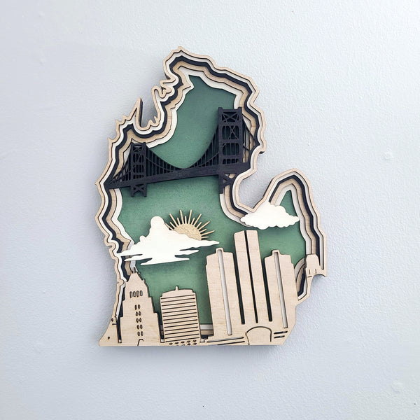 Michigan Layered Laser Cut Wall Art - 3D Wooden State Map, Great Lakes Home Decor - Blue Theme