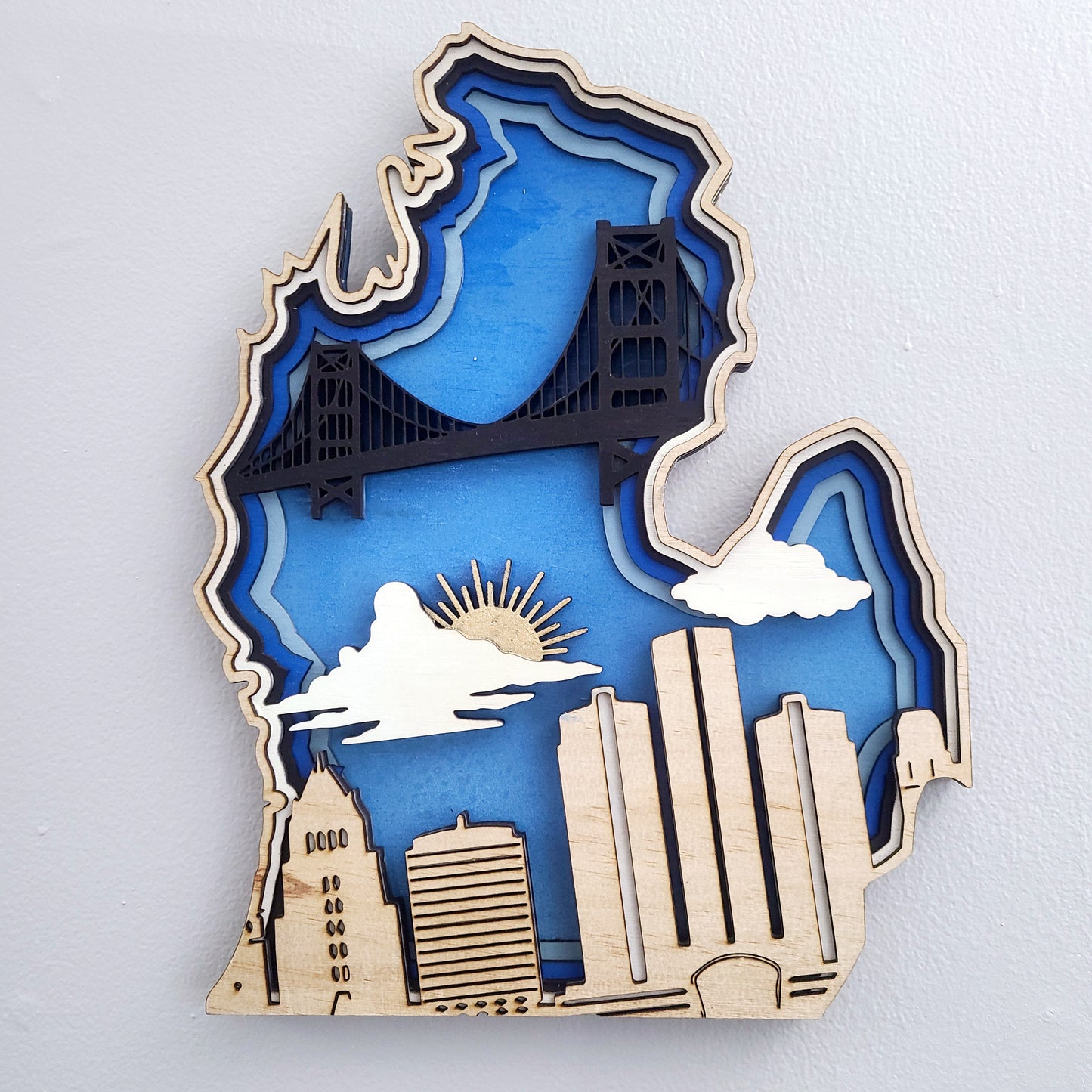 Michigan Layered Laser Cut Wall Art - 3D Wooden State Map, Great Lakes Home Decor - Blue Theme