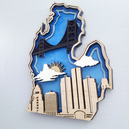 Michigan Layered Laser Cut Wall Art - 3D Wooden State Map, Great Lakes Home Decor - Blue Theme