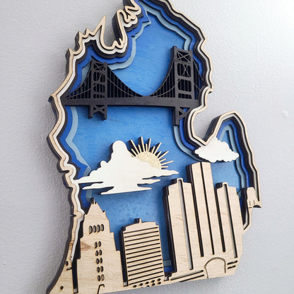 Michigan Layered Laser Cut Wall Art - 3D Wooden State Map, Great Lakes Home Decor - Blue Theme