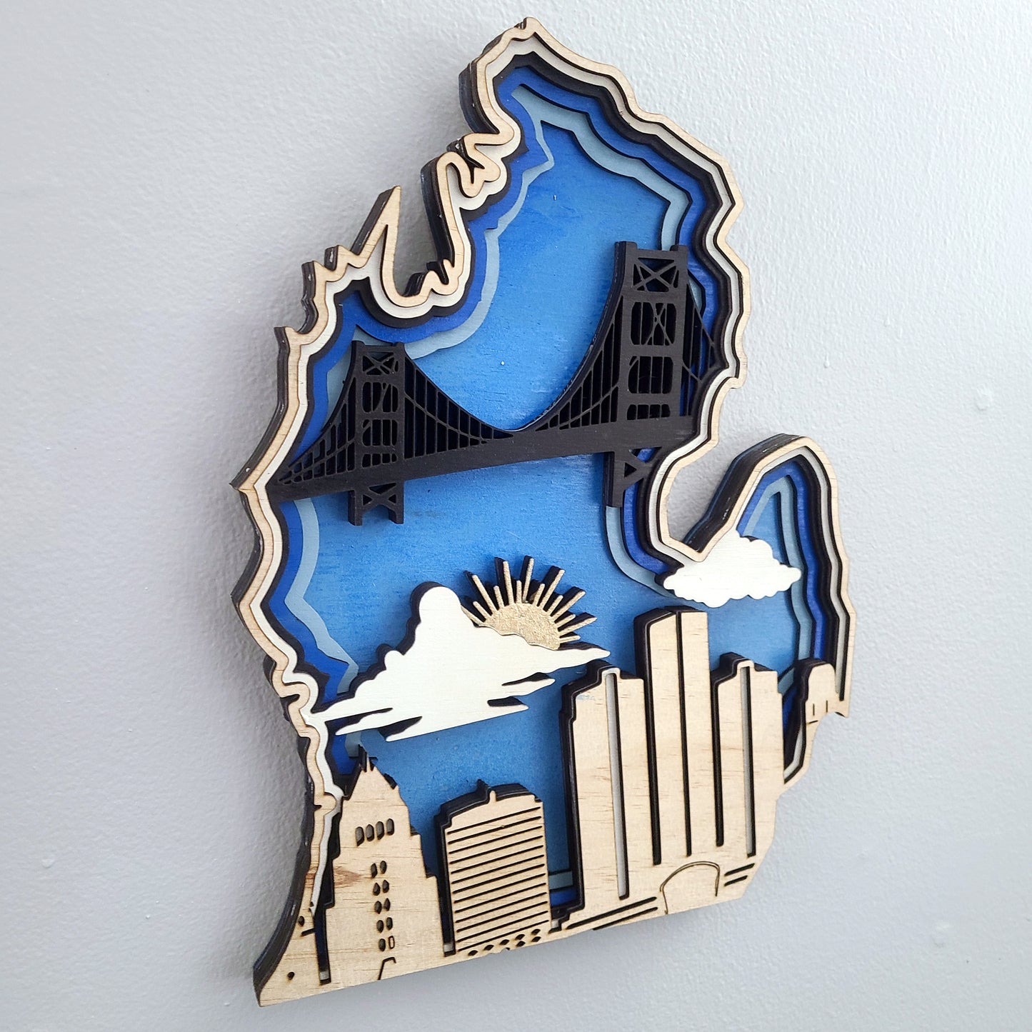 Michigan Layered Laser Cut Wall Art - 3D Wooden State Map, Great Lakes Home Decor - Blue Theme