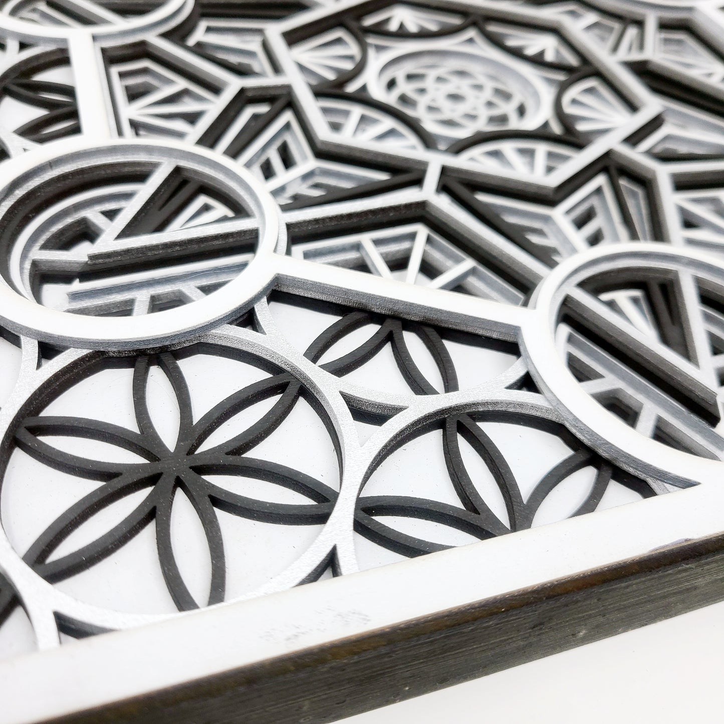 Metatron's Cube - Layered Laser Cut Wall Art - 3D Mandala Shadow Box - Black/White