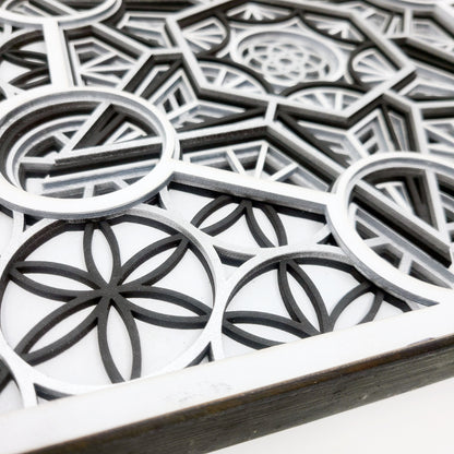 Metatron's Cube - Layered Laser Cut Wall Art - 3D Mandala Shadow Box - Black/White