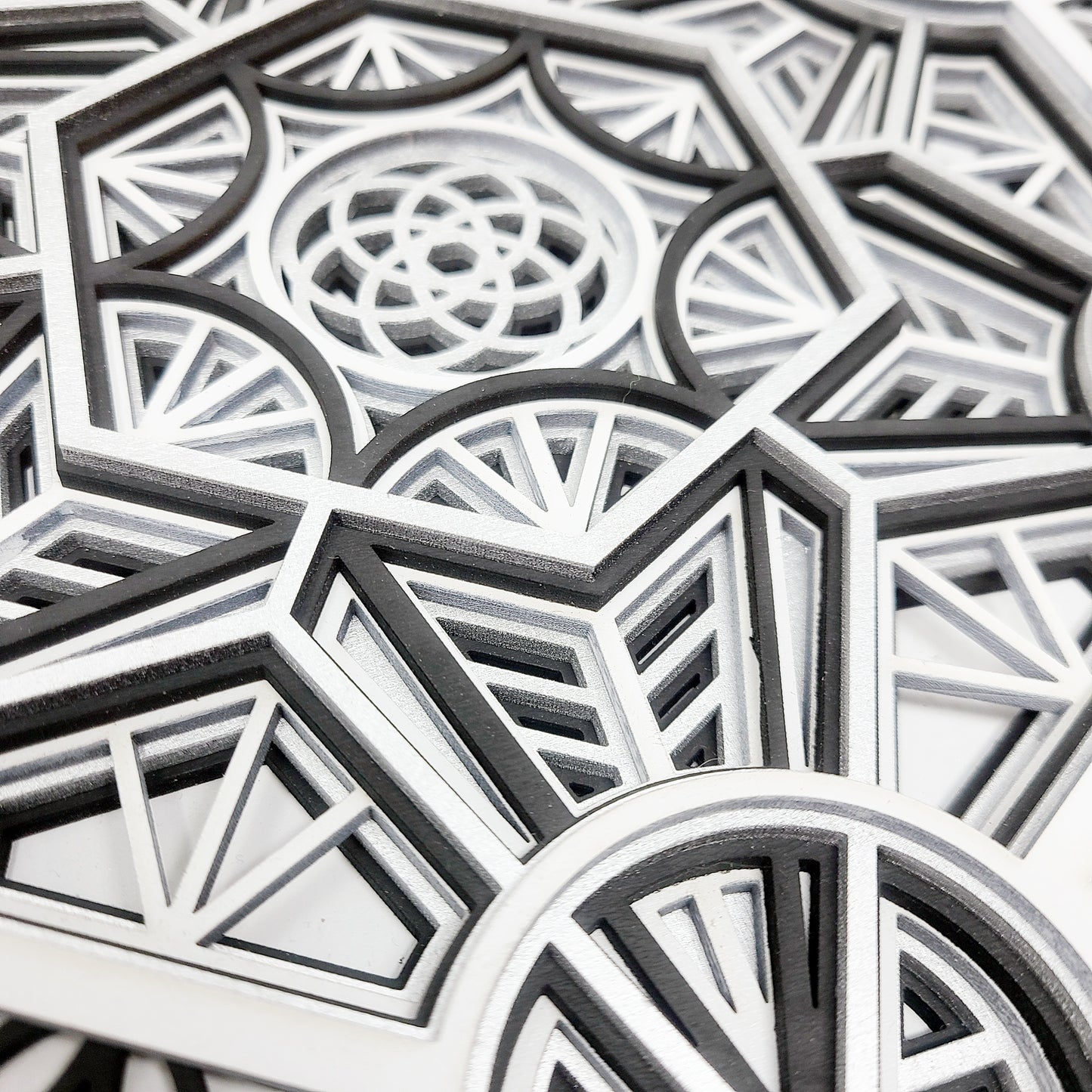 Metatron's Cube - Layered Laser Cut Wall Art - 3D Mandala Shadow Box - Black/White