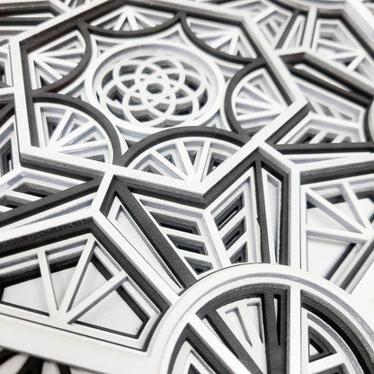Metatron's Cube - Layered Laser Cut Wall Art - 3D Mandala Shadow Box - Black/White
