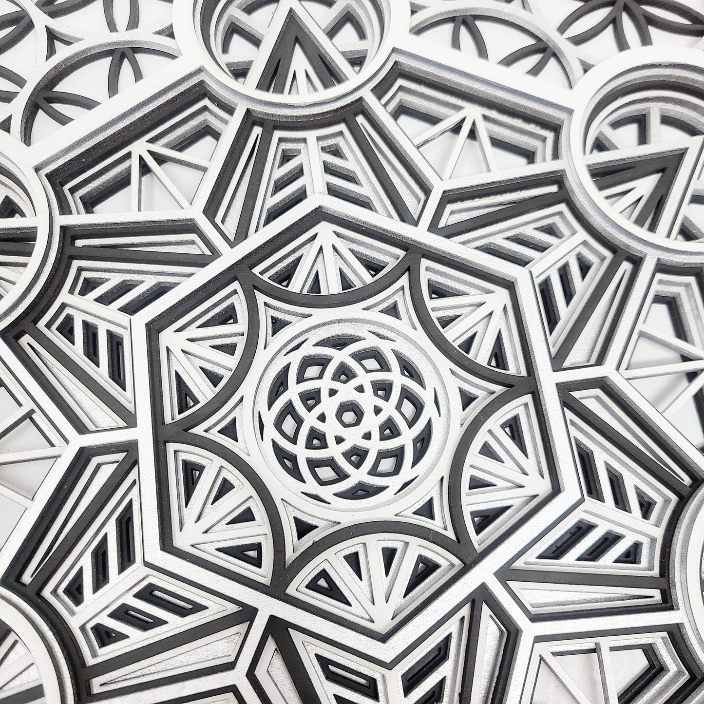 Metatron's Cube - Layered Laser Cut Wall Art - 3D Mandala Shadow Box - Black/White