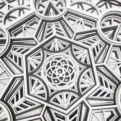 Metatron's Cube - Layered Laser Cut Wall Art - 3D Mandala Shadow Box - Black/White