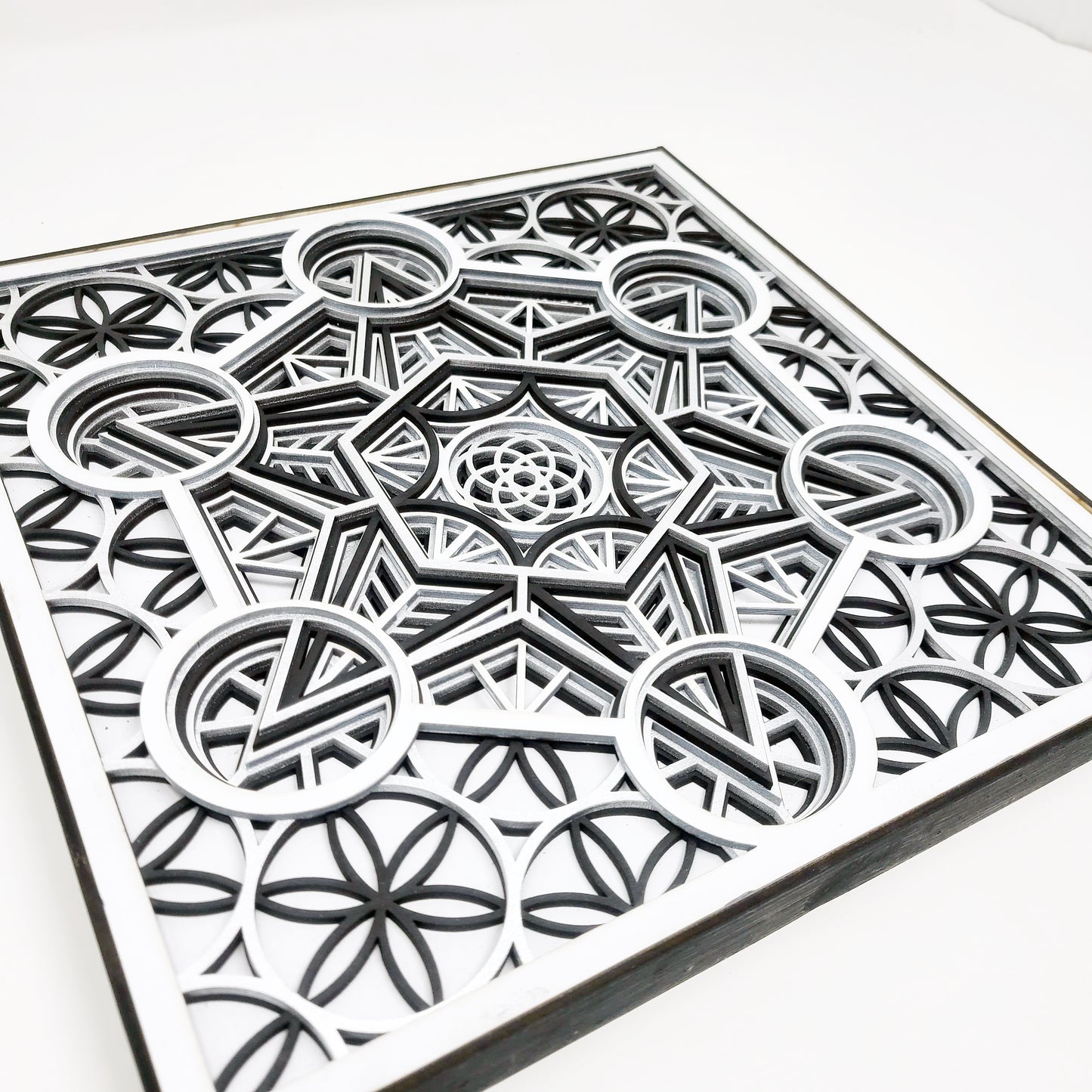 Metatron's Cube - Layered Laser Cut Wall Art - 3D Mandala Shadow Box - Black/White