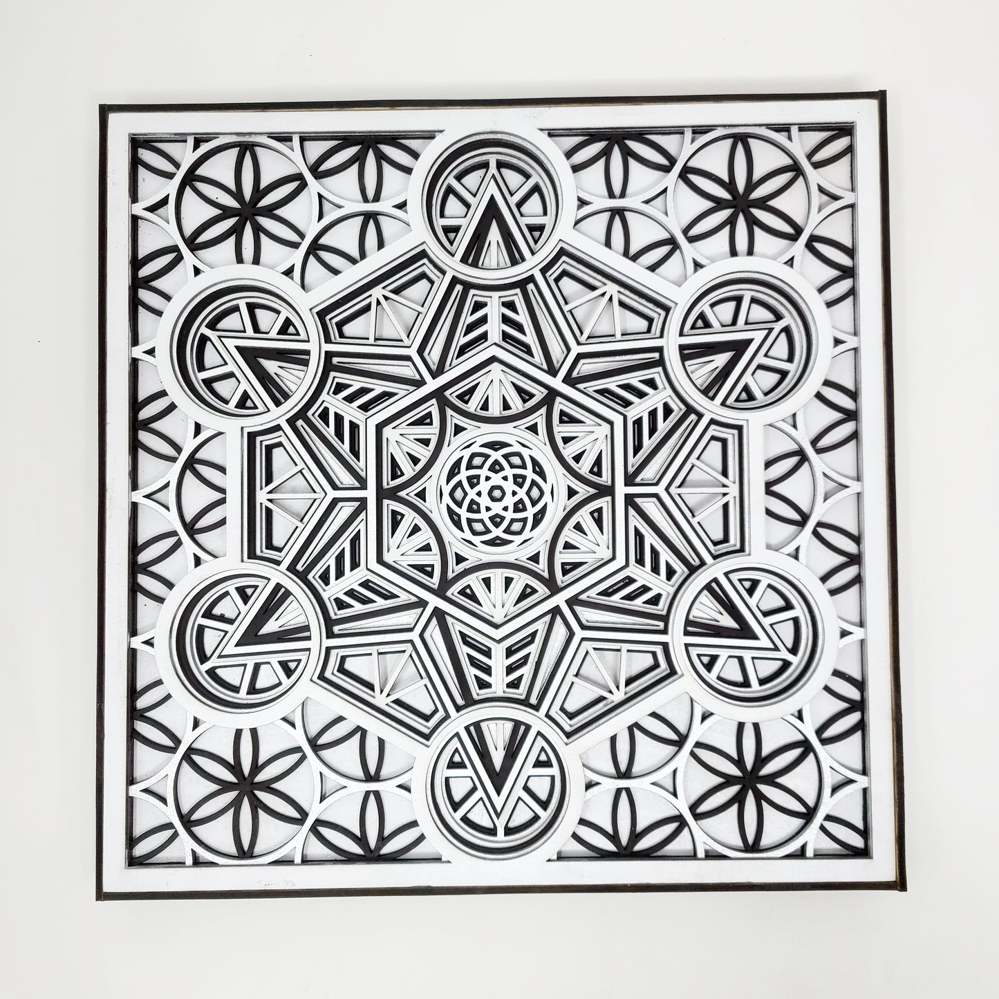 Metatron's Cube - Layered Laser Cut Wall Art - 3D Mandala Shadow Box - Black/White