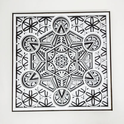 Metatron's Cube - Layered Laser Cut Wall Art - 3D Mandala Shadow Box - Black/White