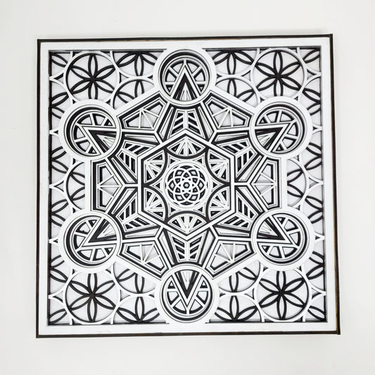 Metatron's Cube - Layered Laser Cut Wall Art - 3D Mandala Shadow Box - Black/White