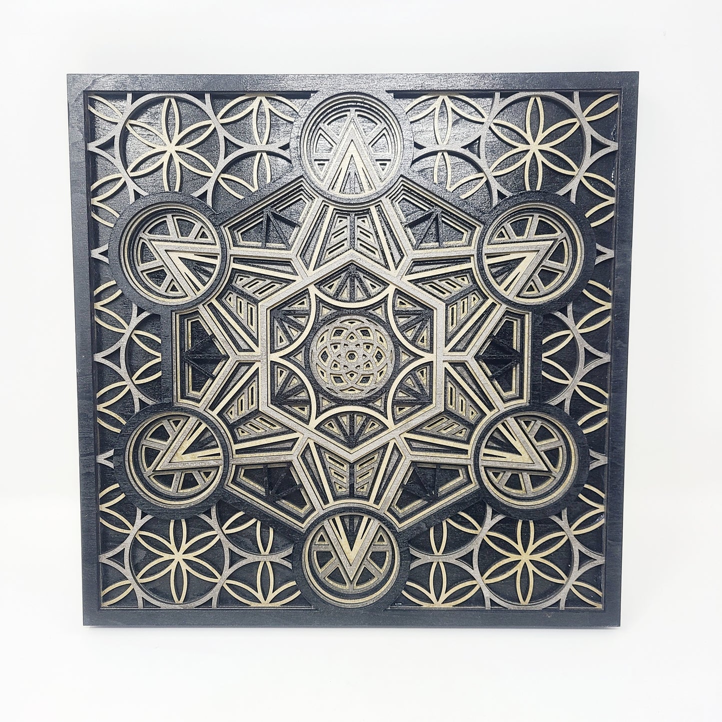 Metatron's Cube - Layered Laser Cut Wall Art - 3D Mandala Shadow Box - Black/Gold