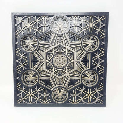 Metatron's Cube - Layered Laser Cut Wall Art - 3D Mandala Shadow Box - Black/Gold