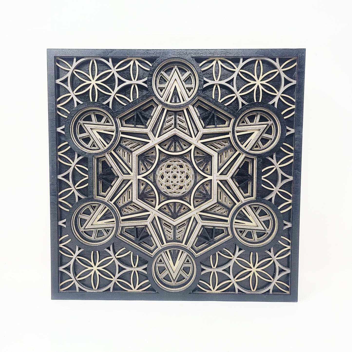 Metatron's Cube - Layered Laser Cut Wall Art - 3D Mandala Shadow Box - Black/Gold