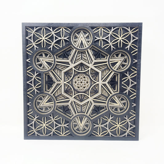 Metatron's Cube - Layered Laser Cut Wall Art - 3D Mandala Shadow Box - Black/Gold