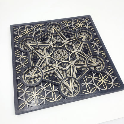 Metatron's Cube - Layered Laser Cut Wall Art - 3D Mandala Shadow Box - Black/Gold