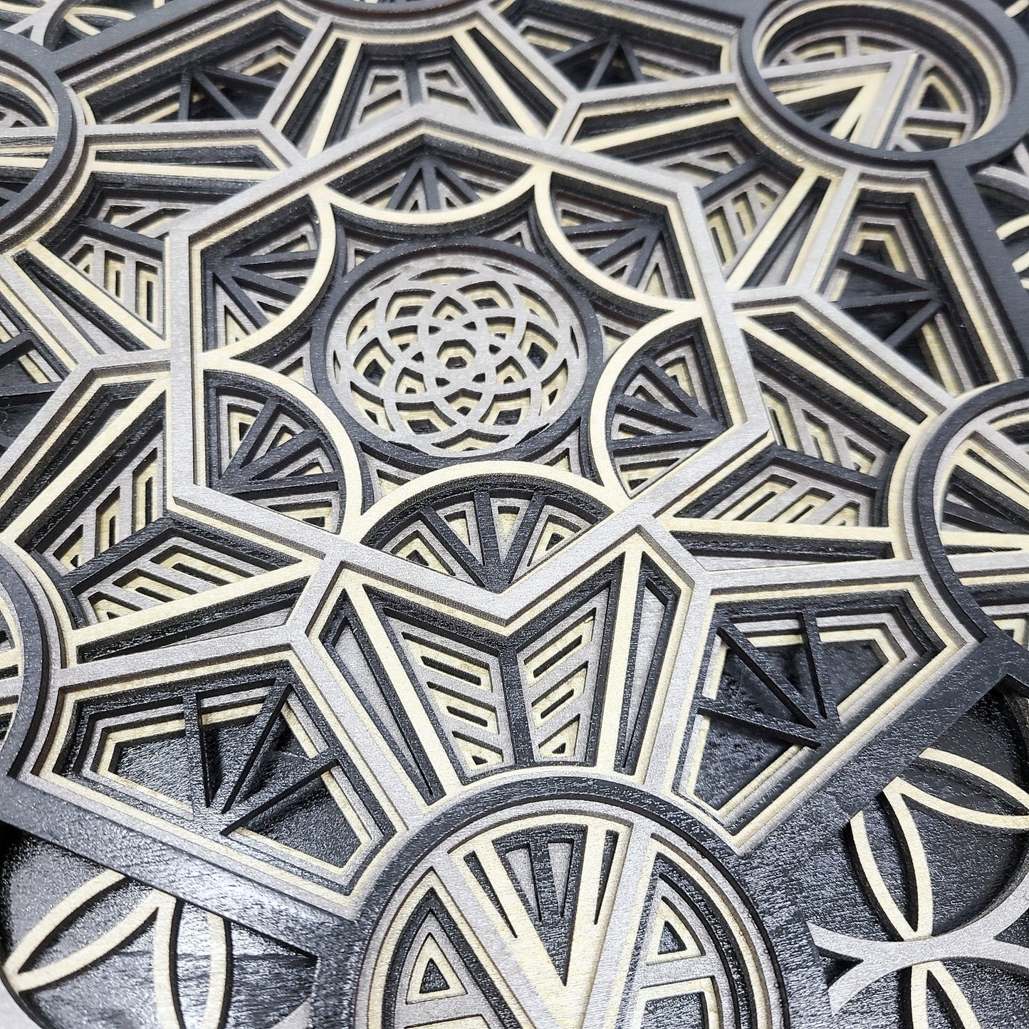 Metatron's Cube - Layered Laser Cut Wall Art - 3D Mandala Shadow Box - Black/Gold