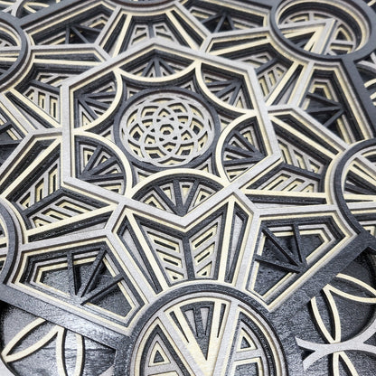 Metatron's Cube - Layered Laser Cut Wall Art - 3D Mandala Shadow Box - Black/Gold