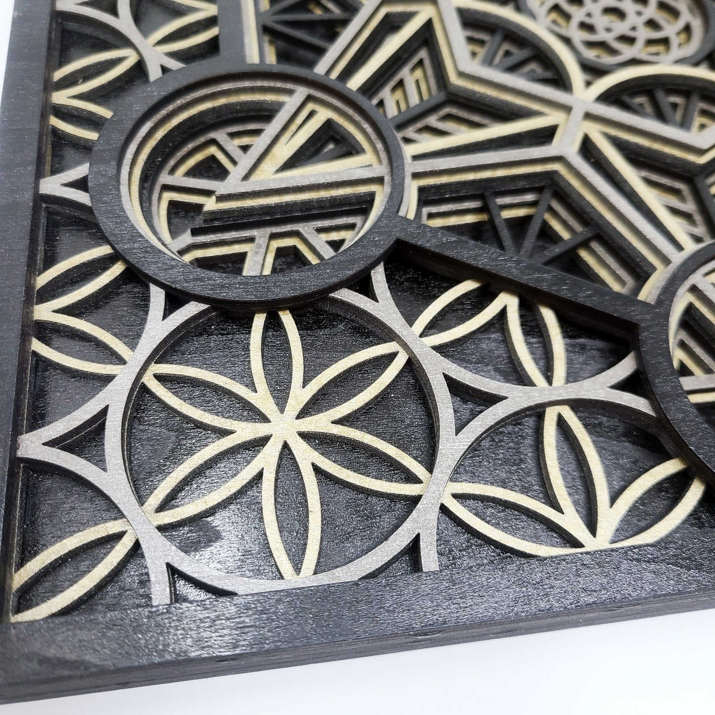 Metatron's Cube - Layered Laser Cut Wall Art - 3D Mandala Shadow Box - Black/Gold