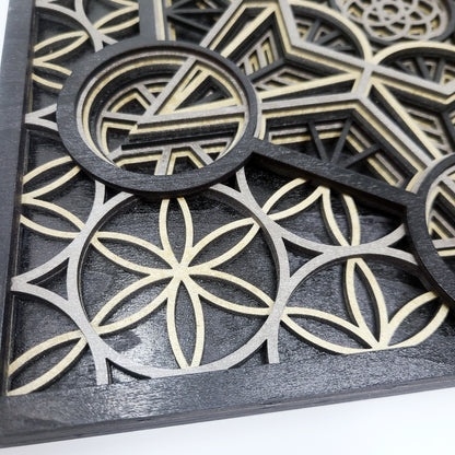 Metatron's Cube - Layered Laser Cut Wall Art - 3D Mandala Shadow Box - Black/Gold