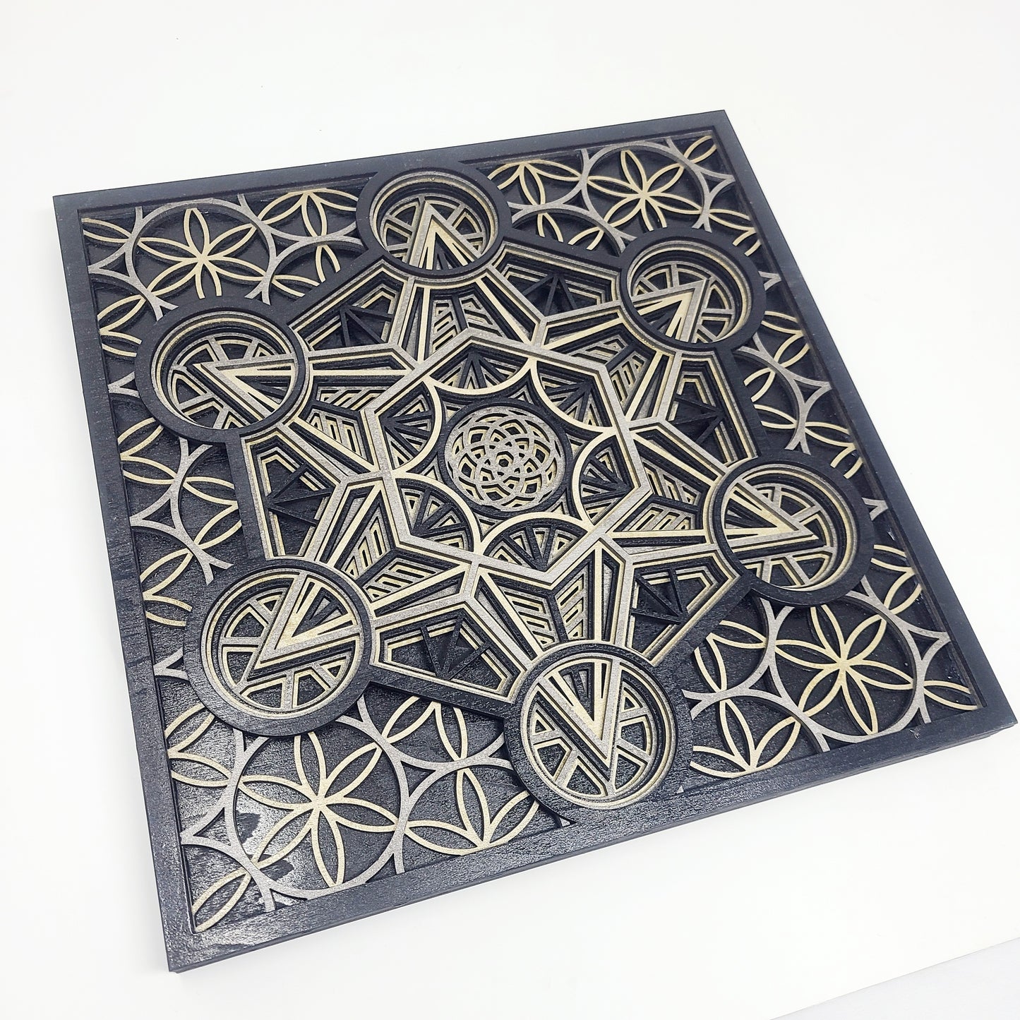 Metatron's Cube - Layered Laser Cut Wall Art - 3D Mandala Shadow Box - Black/Gold