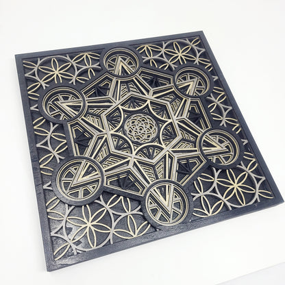 Metatron's Cube - Layered Laser Cut Wall Art - 3D Mandala Shadow Box - Black/Gold