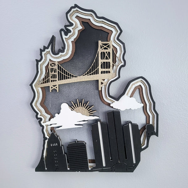 Michigan Layered Laser Cut Wall Art - 3D Wooden State Map, Great Lakes Home Decor - Black Theme