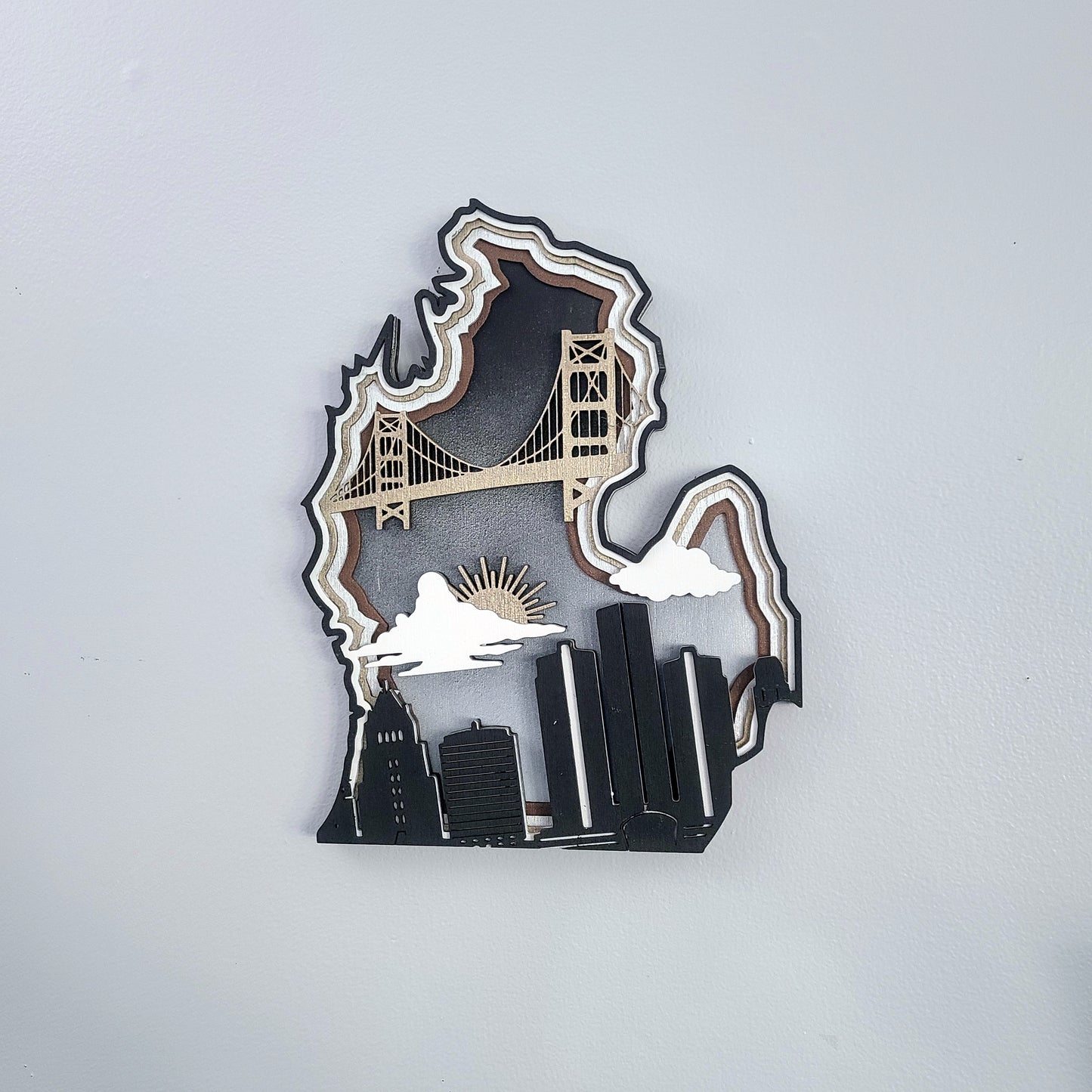 Michigan Layered Laser Cut Wall Art - 3D Wooden State Map, Great Lakes Home Decor - Black Theme