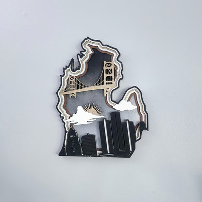 Michigan Layered Laser Cut Wall Art - 3D Wooden State Map, Great Lakes Home Decor - Black Theme