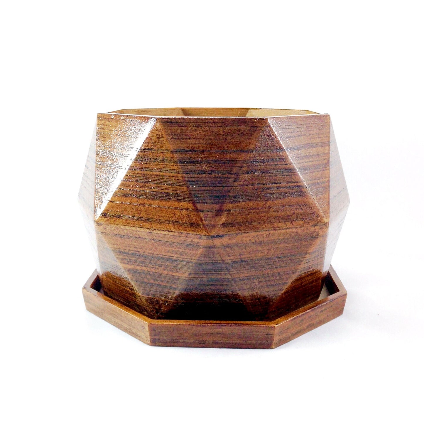 Modern 3D Printed Wood Geometric Octagon Plant Pot and Saucer - Organic Decor for Cacti, Succulents, Flowers