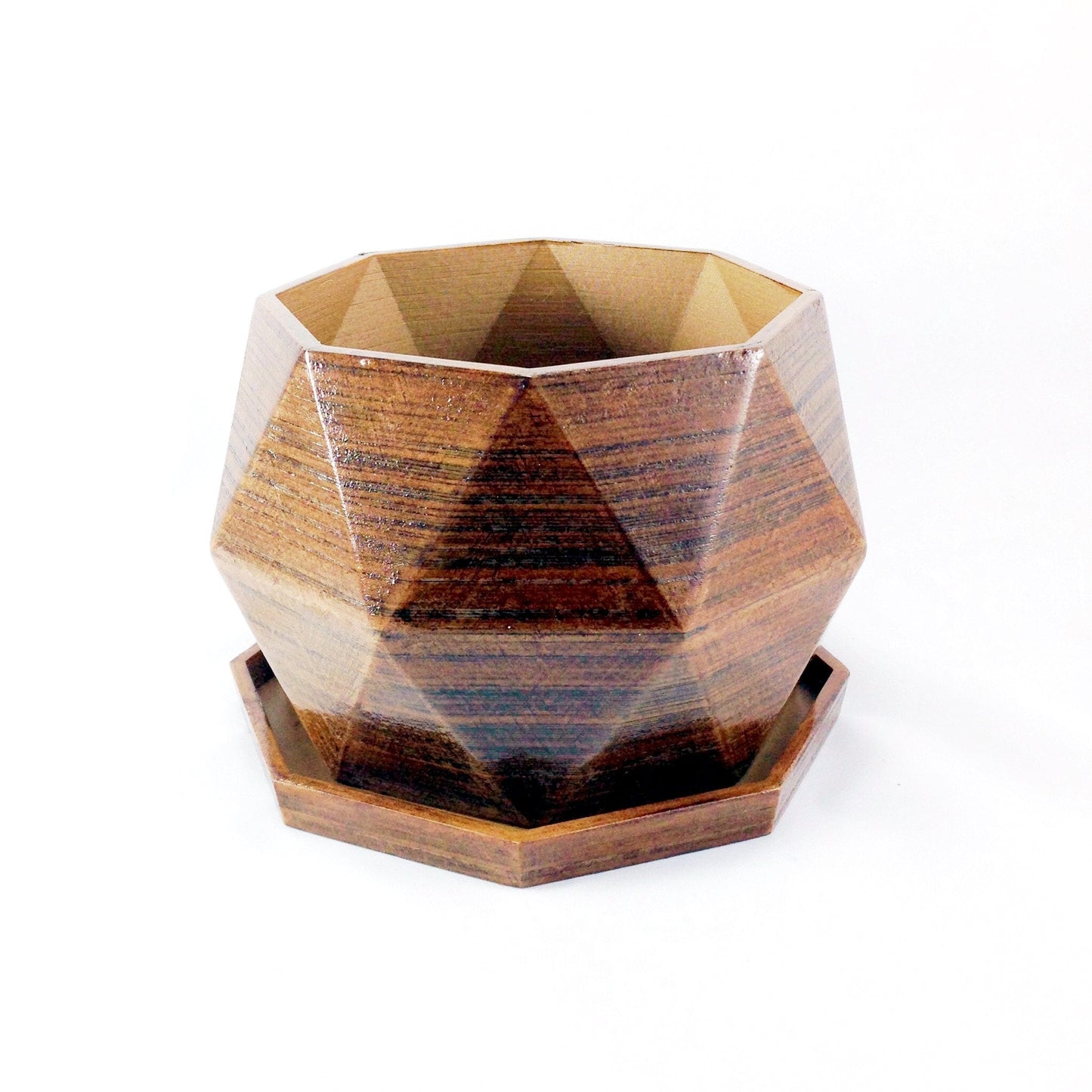 Modern 3D Printed Wood Geometric Octagon Plant Pot and Saucer - Organic Decor for Cacti, Succulents, Flowers