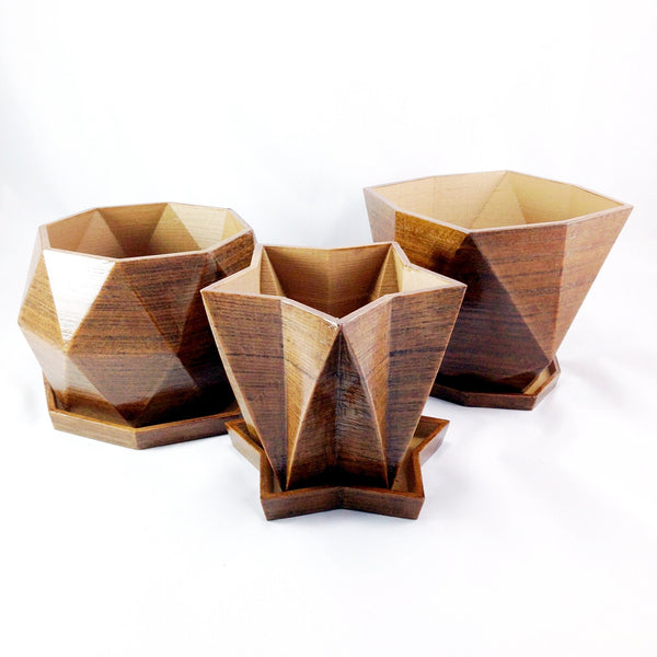 Set of 3 Geometric Planters with Saucer - Wood Grain Effect, 3D Printed, Modern Container - Great for Houseplants, Succulents, and Cacti