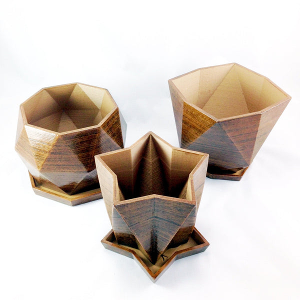 Set of 3 Geometric Planters with Saucer - Wood Grain Effect, 3D Printed, Modern Container - Great for Houseplants, Succulents, and Cacti