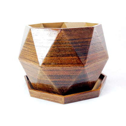Set of 3 Geometric Planters with Saucer - Wood Grain Effect, 3D Printed, Modern Container - Great for Houseplants, Succulents, and Cacti