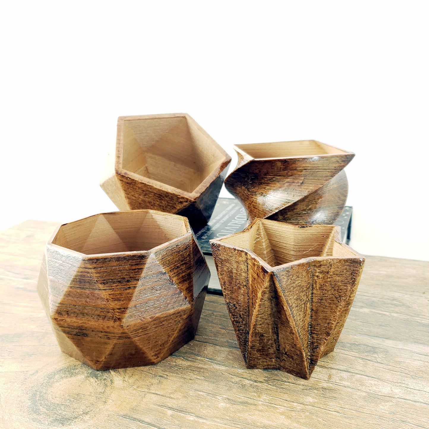 SET OF 4 - 3D Printed wood geometric small plant pots. Modern organic decor - great for cacti and succulents, or as a flower pot!