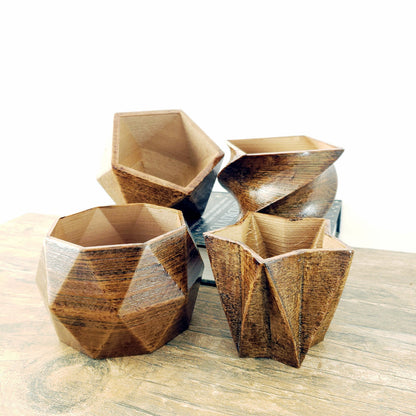 SET OF 4 - 3D Printed wood geometric small plant pots. Modern organic decor - great for cacti and succulents, or as a flower pot!