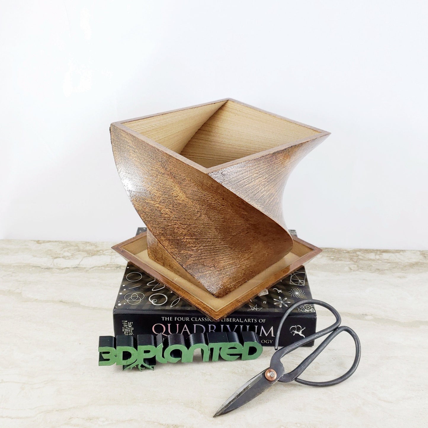 Modern 3D Printed Wood Geometric Square Twist Planter with Saucer - Organic Decor for Cacti, Succulents, and Flowers - Gift Idea!