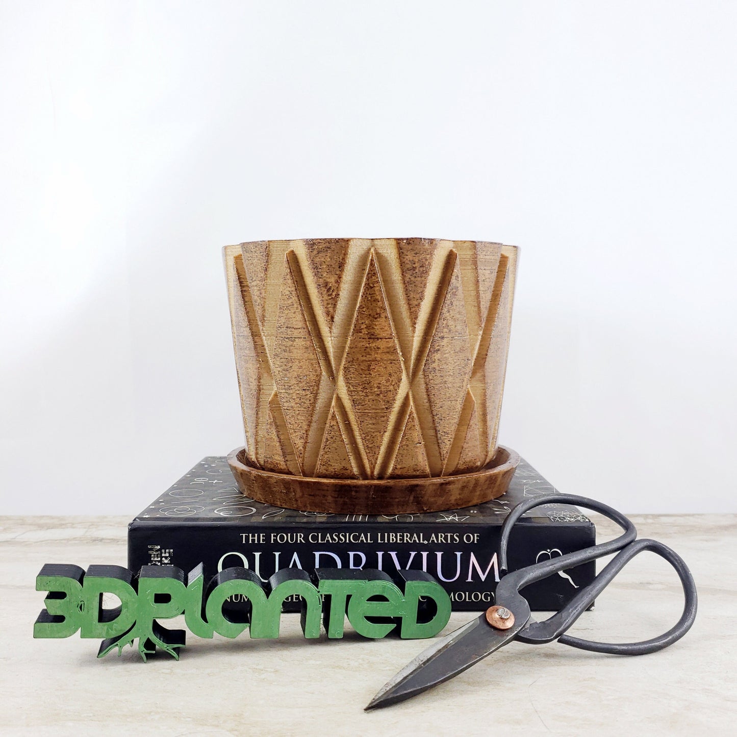 Modern 3D Printed Wood Geometric Plant Pot and Saucer - Ideal for Cacti, Succulents, and Flowers - Gift Idea