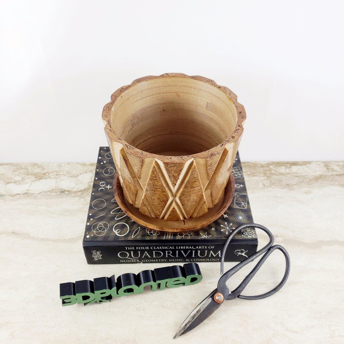 Modern 3D Printed Wood Geometric Plant Pot and Saucer - Ideal for Cacti, Succulents, and Flowers - Gift Idea