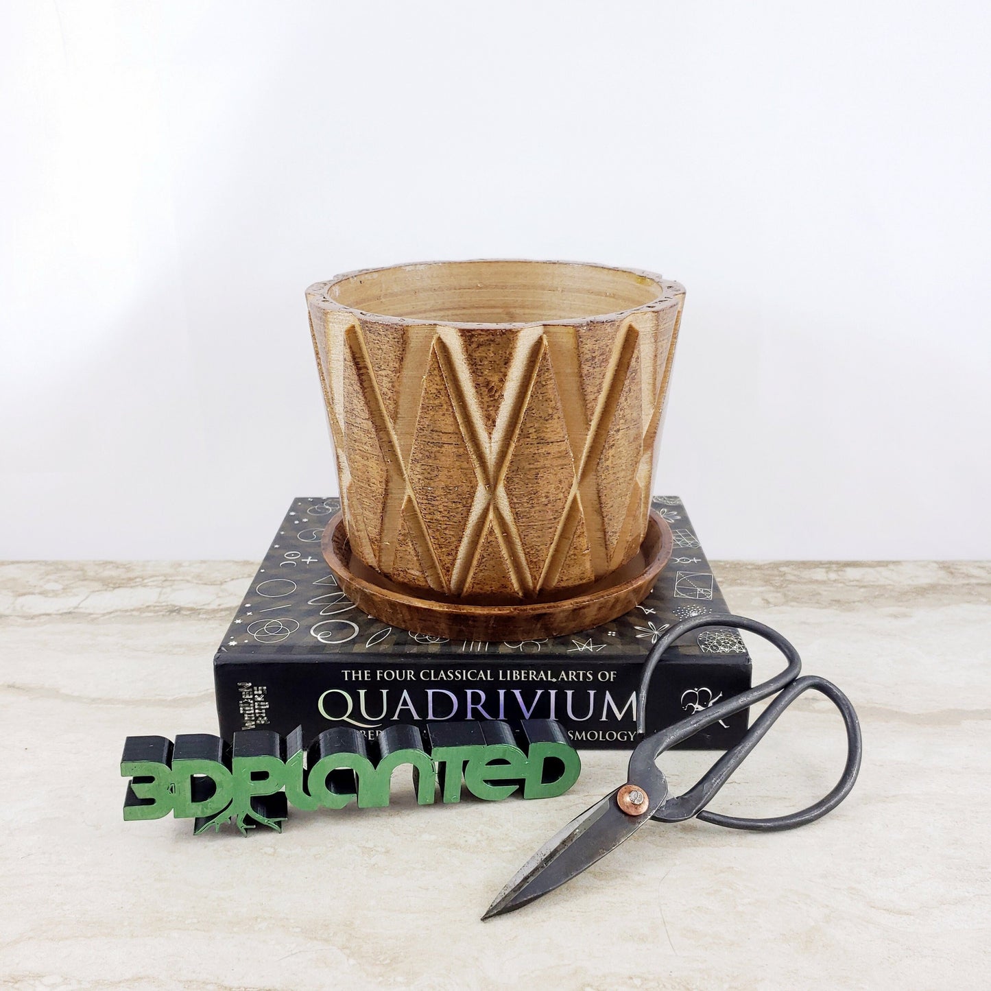 Modern 3D Printed Wood Geometric Plant Pot and Saucer - Ideal for Cacti, Succulents, and Flowers - Gift Idea