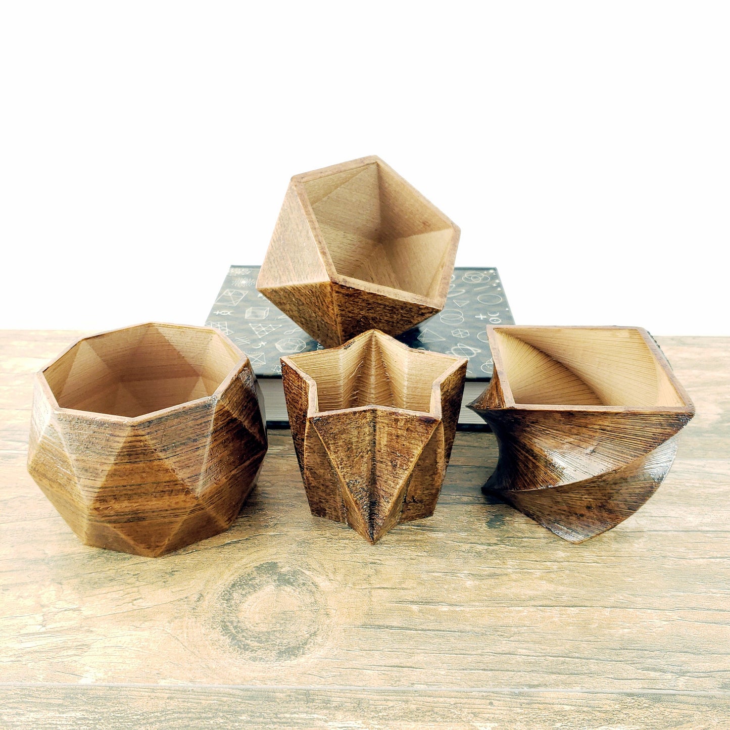 SET OF 4 - 3D Printed wood geometric small plant pots. Modern organic decor - great for cacti and succulents, or as a flower pot!
