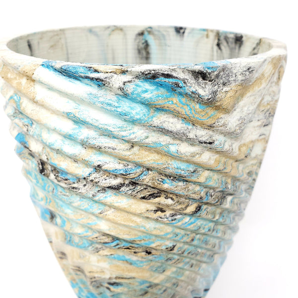 Marbled Concrete Vase Large Geometric - Blue Gold and Black Marbling - Indoor/Outdoor Plant Pot