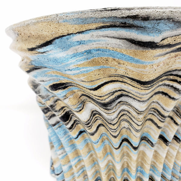 Marbled Concrete Planter Large Waves - Blue Gold and Black Marbling - Indoor/Outdoor Plant Pot