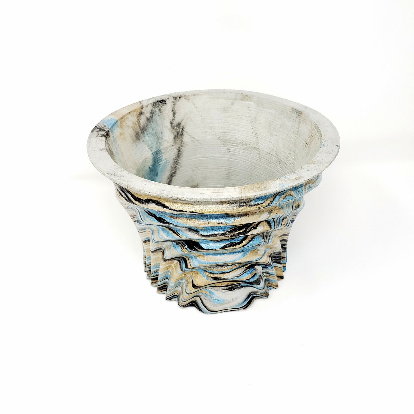 Marbled Concrete Planter Large Waves - Blue Gold and Black Marbling - Indoor/Outdoor Plant Pot